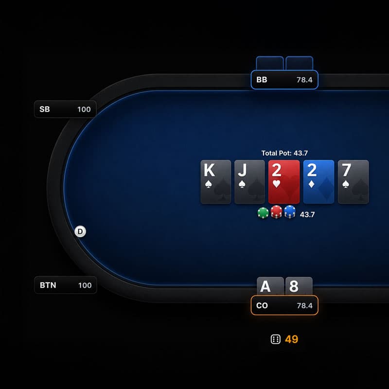 The MobiusGTO trainer showing a postflop no-limit hold'em spot